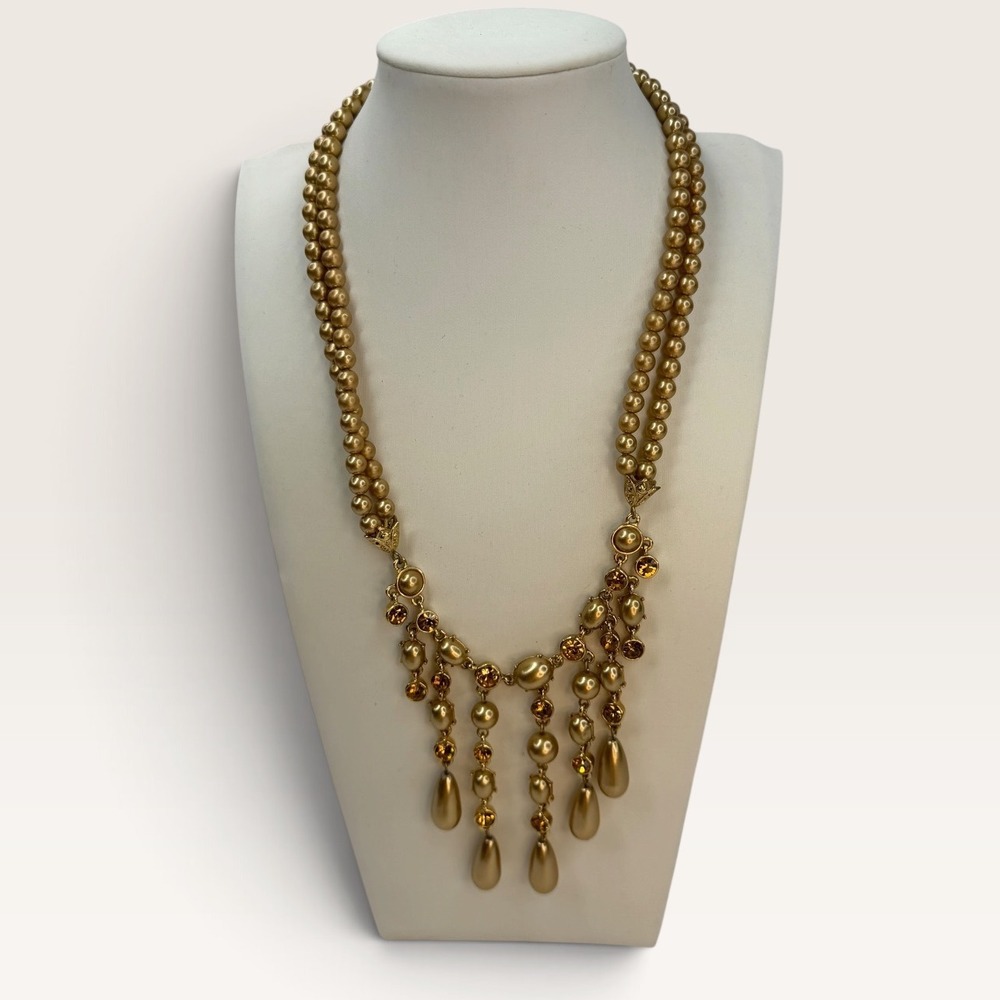 Gold Faux Pearl Amber Rhinestone Double Strand Chandelier Bib Statement Necklace